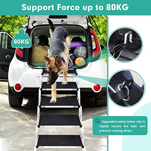 Upgraded Dog Car Ramp Folding Steps, Dog Steps for Large Dogs with Non-slip Surface, Lightweight Portable Aluminum Dog Ladder, Great for Cars, SUV, Trucks, Couch and High Bed,Support to 80KG,6 Steps
