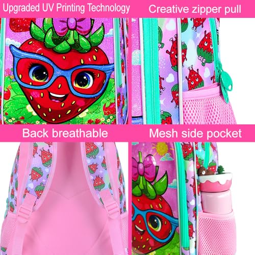 KLFVB 3PCS Strawberry Backpack for Girls, Water Resistant Kids Bookbag with Lunch Box, 16" Preschool Backpacks for Elementary - Strawberry Pink by KLFVB - Used condition - Image 5