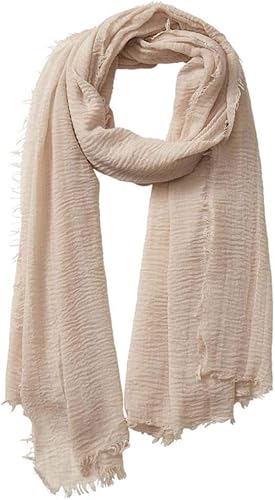 PTAHAN Cotton Blend Crinkle Vintage Soft Scarf with Fringed Edges,Fashion Lightweight Scarf shawl,travel scarf (Beige)