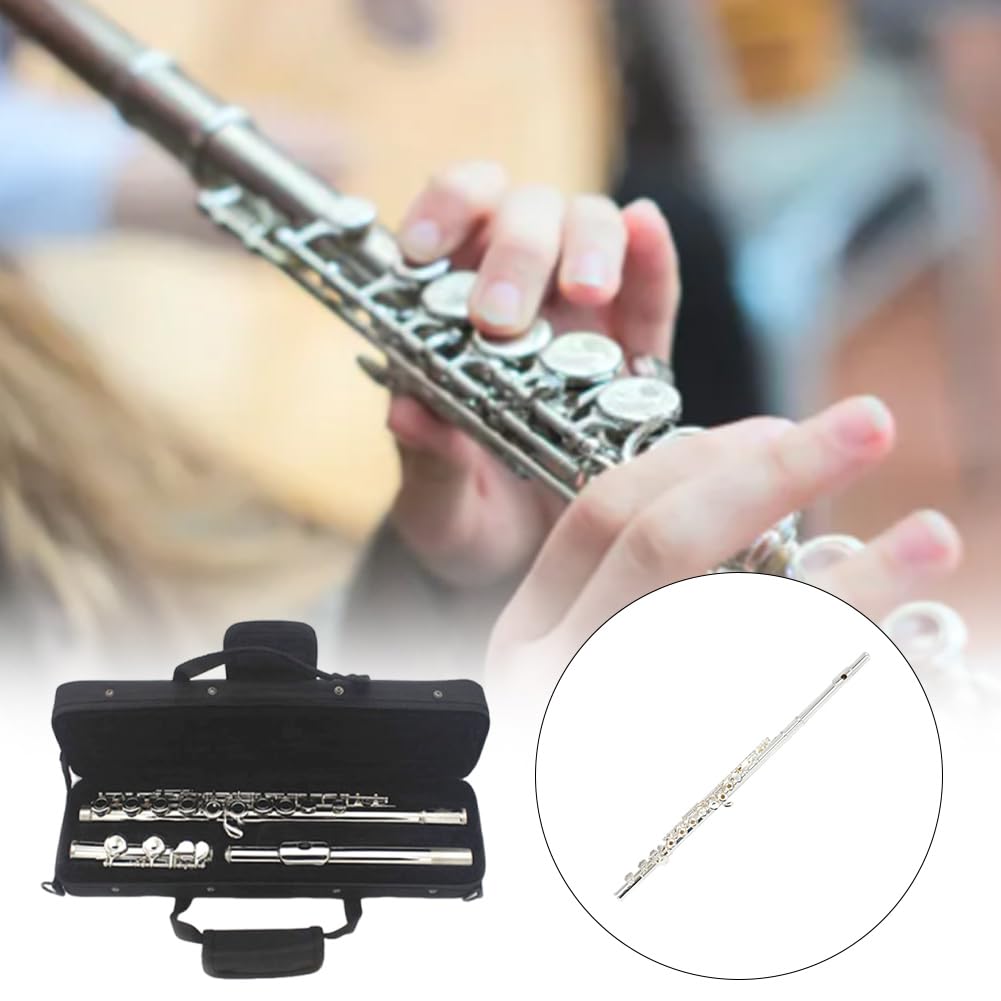 Flauta Travesera Plateada para Principiantes con Estuche Flauta de 16 Llaves en Do Instrument Estudiante