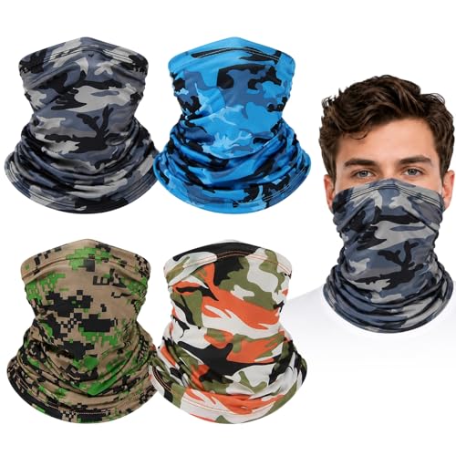 Image of 4 Pack Multifunctional Headwear, Bandana Face Masks for Men &Women, Face Coverings Bandana Elastic Tube Scarf UV Resistence, Windproof Neck Gaiter Scarf for Outdoor Sports, Cycling Fishing(Camouflage)