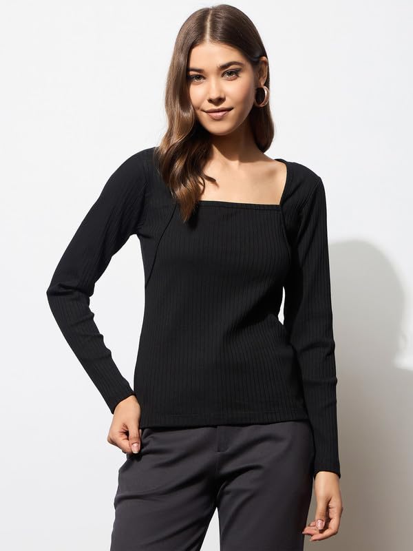 Image of barcino Black Rib Stitch Square Neck Full Sleeves Top