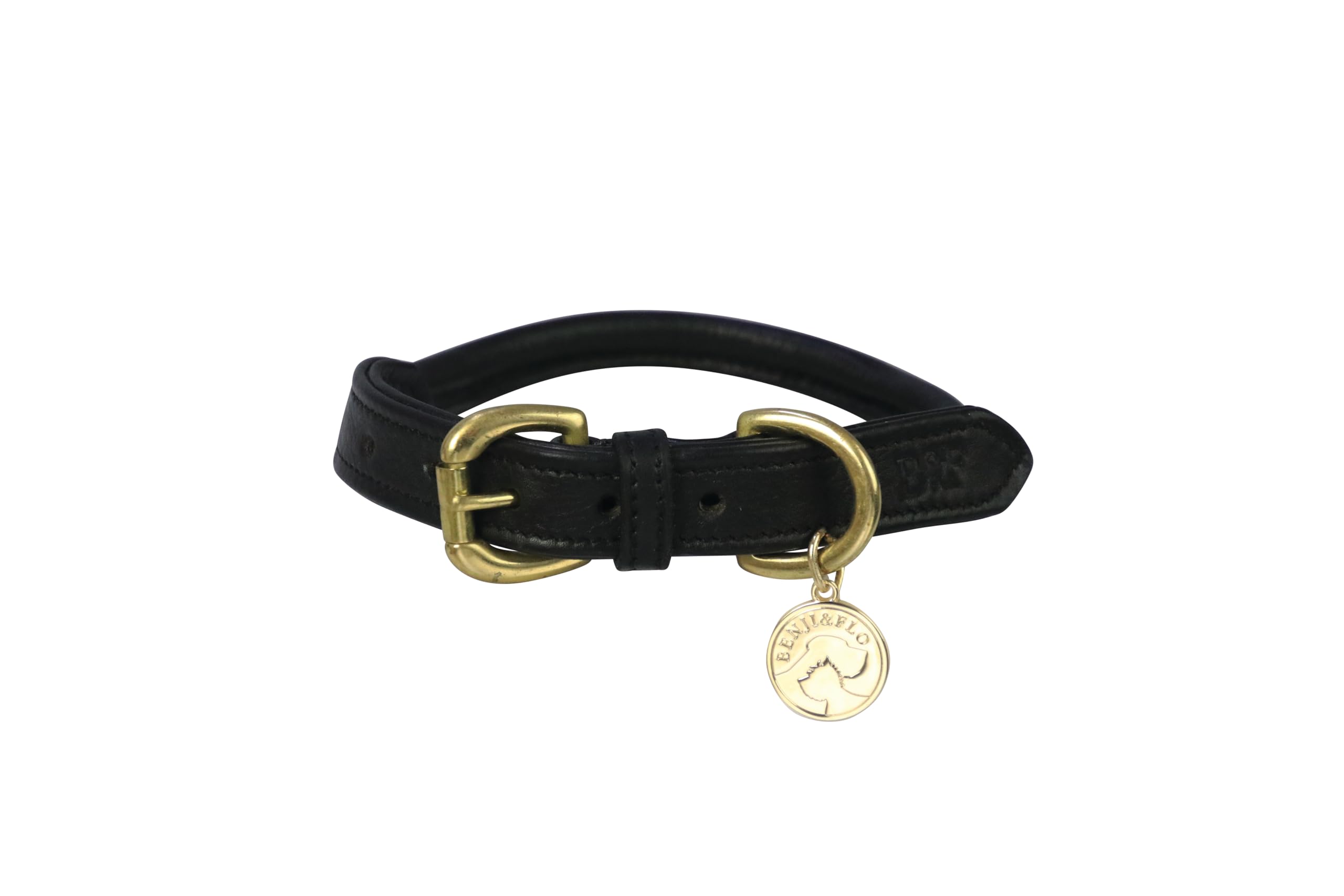 Benji & Flo Superior Rolled Leather Dog Collar (Small, Black/Brass)