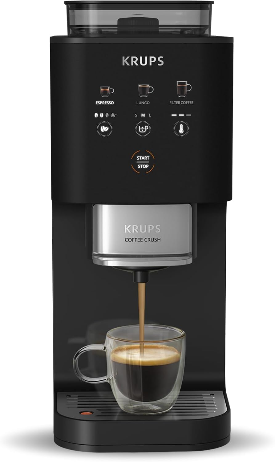 KRUPS Coffee Crush, Cafetera automática, Café en Grano y Molido, 15 Bares, 3 recetas de café, 3 niveles de temperatura y de molienda, Pantalla táctil, Compacta 15 cm de ancho, Negro, SA4028E0