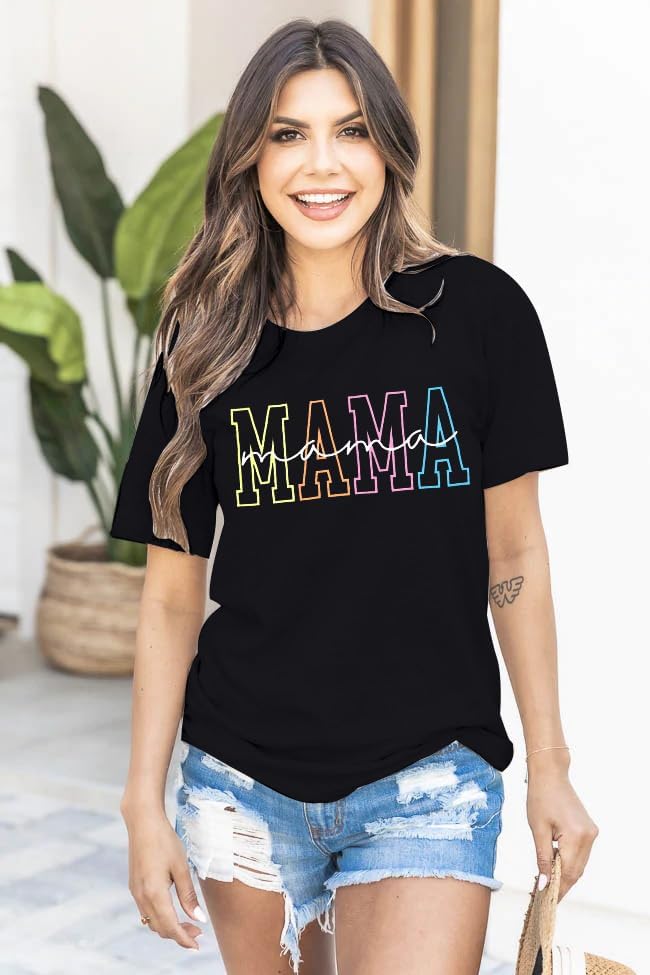 Mama Shirts for Women Mama Letters Print T Shirt Funny Mom Graphic Tees Shirt Casual Mothers Gift Top - Image 3