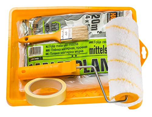 Diamond Pintor set 4 piezas | 1x pincel plano de 40 mm, 1x rodillo de pintura de 180 mm con mango, 1x bandeja de pintura de 26 cm x 33 cm, 1x película de enmascarar de pintor 4 x 5 m Cover
