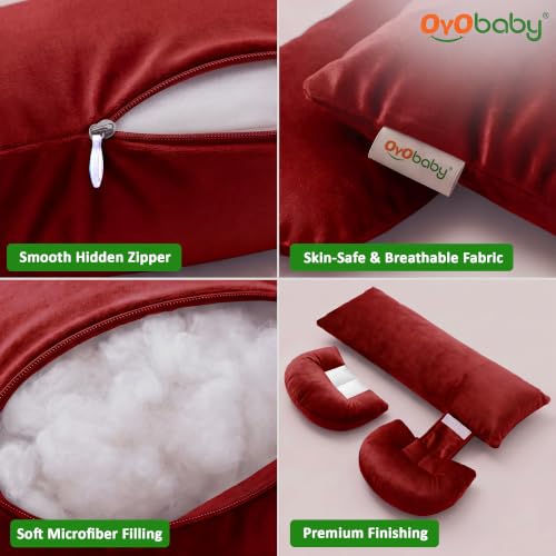 Image of OYO BABY Full Body Support Pillow for Pregnancy | Plush Velvet 4-Piece Maternity Set | Maternity Pillow Bundle | Adjustable Butterfly Design for Back, Belly, Hip and Leg Pain Relief - Maroon