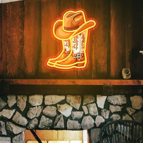 Image of Cowboy Boot with Hat Neon Signs for Wall Decor, Western Cowboy LED Sign Light Up, Dimmable Neon Light for Game Room Man Cave Bedroom Bar Party Birthday Gifts