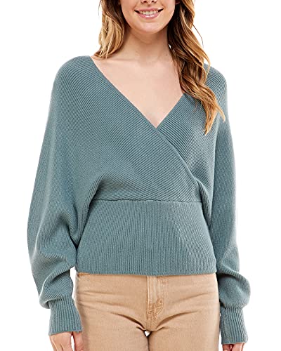 Love Tree Women's Wrap Knit Sweater - Long Sleeve Pullover V Neck Ribbed Sweater Top (Light Teal, Small) Love Tree Women's Wrap Knit Sweater - Long Sleeve Pullover V Neck Ribbed Sweater Top (Light Teal, Small)