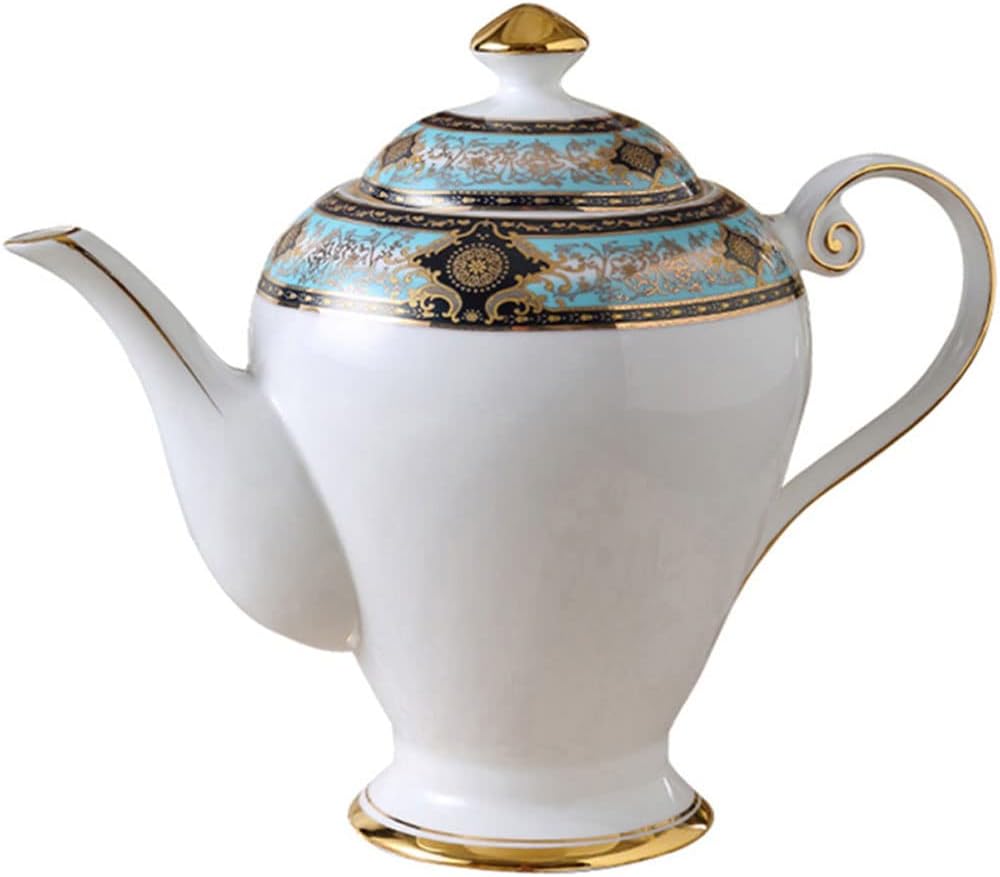 YBK Tech Bone China Teapot, 34oz Ceramic Coffee Pot, Baroque Art Feeling Patterns (White and Blue)