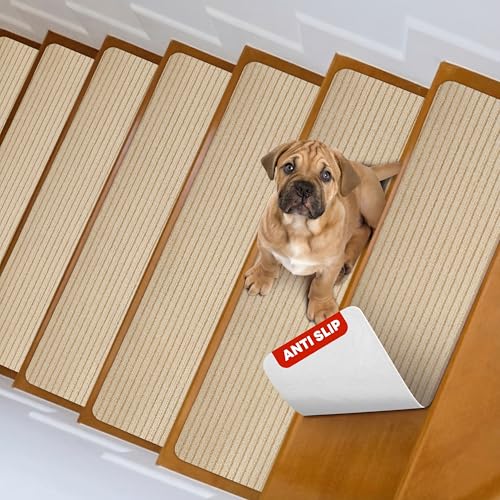 MBIGM 8' X 30' (15 in Pack) Non-Slip Carpet Stair Treads Non-Skid Safety Rug Slip Resistant Indoor Runner for Kids Elders & Pets with Reusable Adhesive - Beige - Carpet Pads for Stairs
