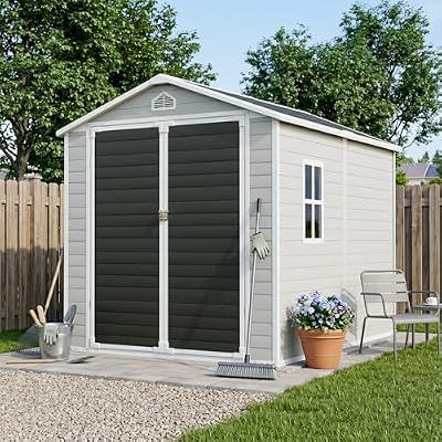 6x8 FT Resin Shed with Floor & Windows Weatherproof Outdoor Storage Shed Large Plastic Shed with Lockable Door Tool Garden Sheds for Backyard, Patio
