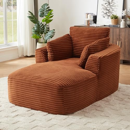 Image of 65 inch Soft Corduroy Chaise Lounge Chair Indoor, Lounge Chaise with Spring Cushion, Sleeper Sofa with No Assembly for Living Room and Apartment, Orange
