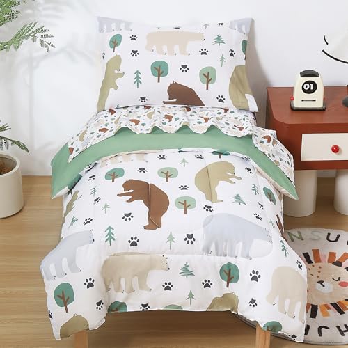 Image of lasoftan Toddler Bedding Set, Toddler Bed Comforter Sets for Girls, Toddler Bed Set, Forest Bear Printed