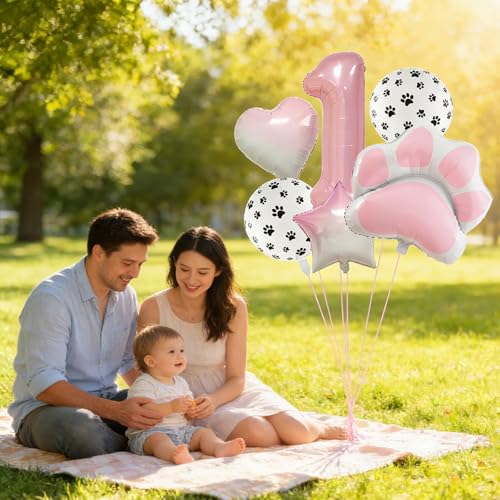 Image of 1st Birthday Dog Paw Balloons Set,18'' Paw Prints, Heart,Star,Paw Shaped Foil Balloon 40 Inch Pink Number 1 Helium balloons for Puppy Themed Baby Shower First Birthday Party Decorations Supplies 6PCS