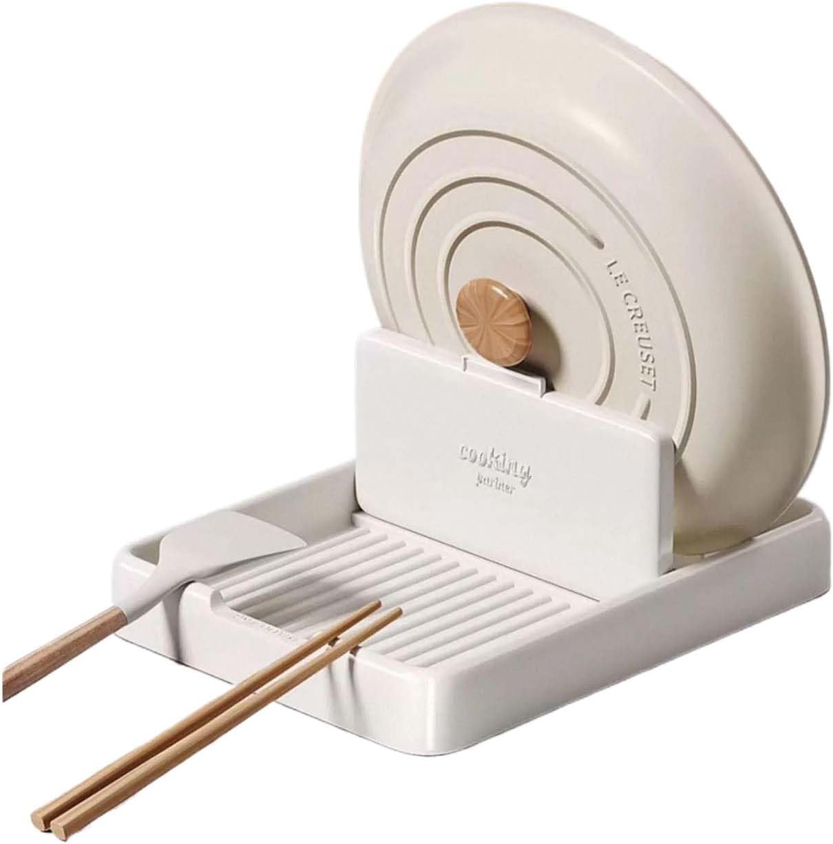 Spoon Rest with Pot Lid Holder for Stove Top, Beige Plastic