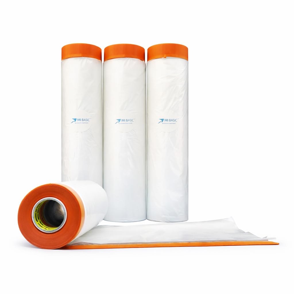 Pre-Taped Masking Film Sets - Multi Pack, Orange Tape and Drape Painters Plastic Sheeting for Painting, High Visibility Paint Plastic Covering Overspray Protection - 65 Feet (3, 94 Inch)