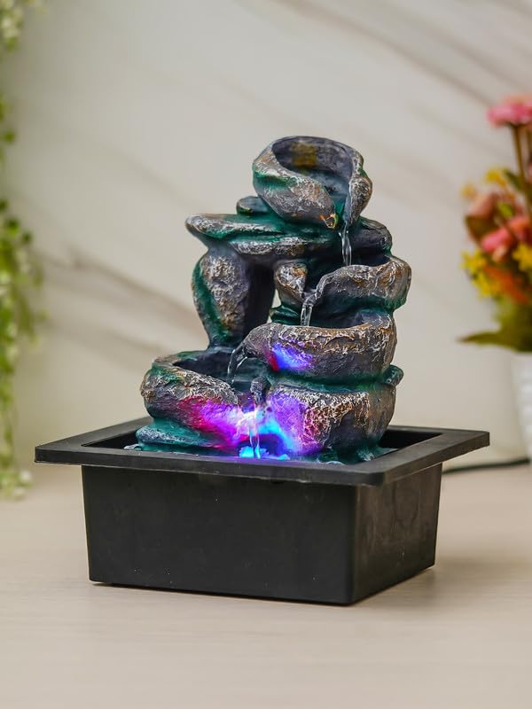 Image of Multicolor Polyresin Tabletop Designer 4 Step Indoor Water Fountain for Home Decor with LED, Speed Control Pump (Size: 21 x 18 x 26 CM | Weight: 940Gram)
