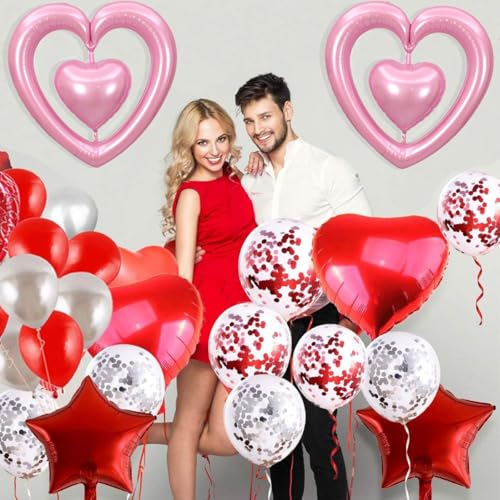 Valentines Pink Heart Balloons 30 Inch Valentine Balloons Set, Valentines Day Foil Balloons for Vale