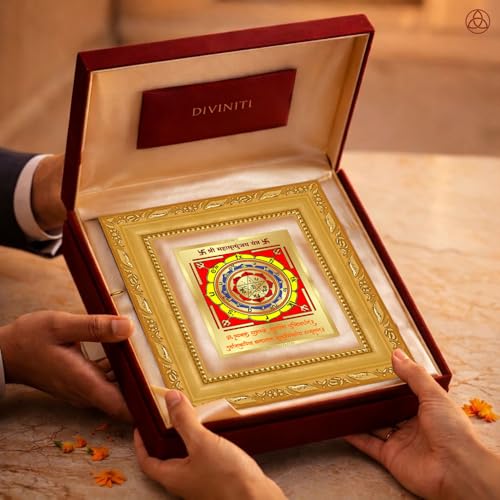 Image of DIVINITI Siddh Energised Maha Mrityunjaya Yantra | 24k Gold Plated Foil Healing Protection Vastu Frame for Home, Office & Puja Room | Spiritual Yantra for Protection, Healing & Positive Energy (12 X 11 CM)
