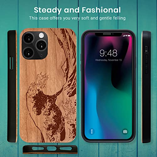 Sevgie SVG-WAVE Wood Case For Iphone 12/12 Pro [Shockproof Hybrid Protective Cover Unique] Natural Real Wooden & Engraved Soft Slim thumb #1
