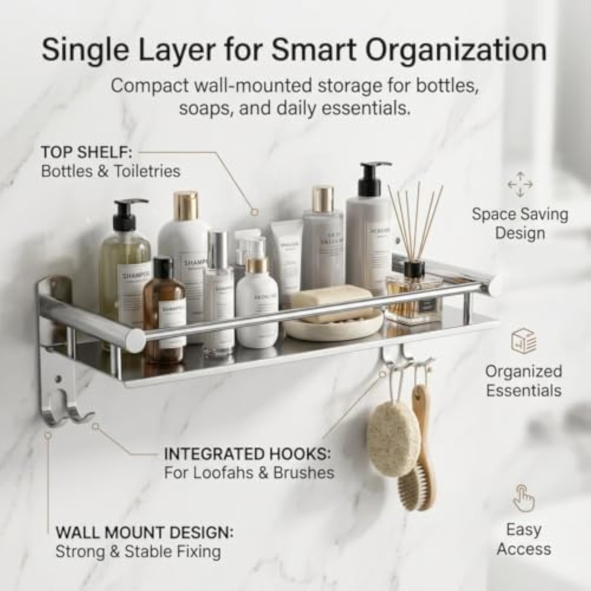 Stainless Steel Bathroom Shelf with Towel Holder, Wall Mounted