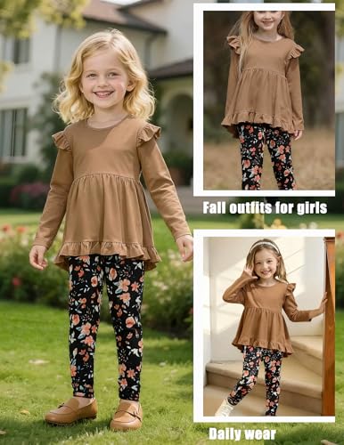 Image of Yekaty Girls Clothes Ruffle Shoulder High Low Hem Long Sleeve Top and Floral Pants 2 Piece Fall Outfits Clothing Set