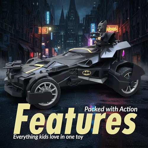Image of Remote Control Batmobile with Mist Spray, High-Speed LED RC Car, USB Rechargeable, Racing Toy for Boys & Girls 3+, Black