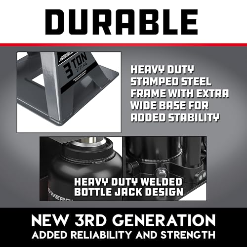 Image of POWERBUILT 3 Ton All-in-One Hydraulic Bottle Jack and Jackstand in One, Compact, Wide Base, 11-21 Inch Range, Eliminates Jackstands, for Trucks, SUVs, RVs, Trailers, ASME, Not for Sedans - 640912