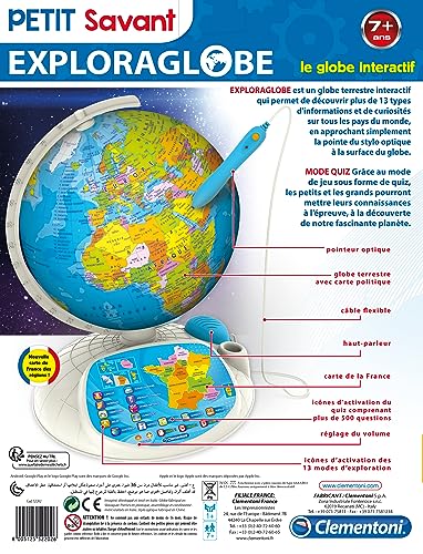Clementoni - Exploraglobe 7 Ans + - Globe Interactif Éducatif - 500 Questions - 3 Niveaux de Difficulté - 13 Modes - Stylo Lecture Optique - Réalité Augmentée - Géographie Enfants