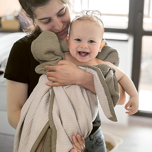 Image of lulumoon Muslin Baby Blanket Neutral: Cotton Toddler Blanket for Daycare | Soft Reversible Crib Bedding for Baby - Lightweight 4-Layer Muslin for Stroller, Tummy Time & Travel, 47 inchx47 inch(Olive)