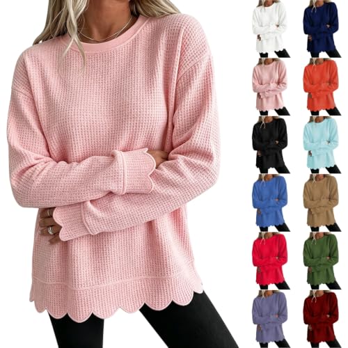 Waffle Sweatshirt Women Scalloped Hem Crewneck Oversized Pullover Tops - image 1