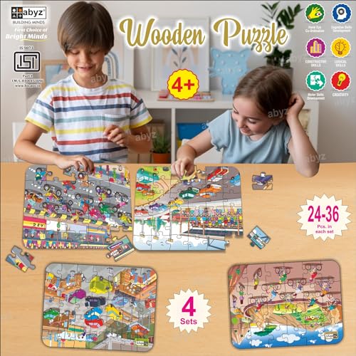 Image of ABYZ Wooden Jigsaw Cycle Racing, Bike Racing, Car Garage, Car Racing Puzzle 120pcs for Kids of Age 3-5 Years, Set of 4