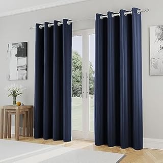 Enhanced Living Nightfall Plain Supersoft Navy Thermal Blockout Eyelet Curtains - 46 x 54 inch (117 x 137cm) - Energy Saving & Noise Reducing Curtains for Bedroom & Living Room
