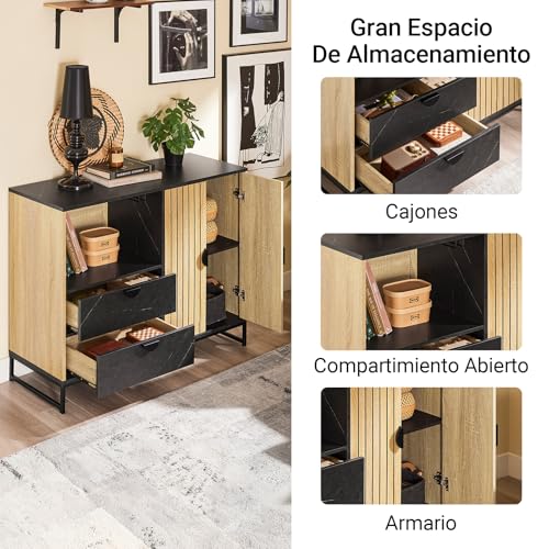SoBuy Mueble de Entrada con Estante para Microondas Ø6 cm y Rack para Copas de Vino, Estante Ajustable, Patas Metálicas Elevadas, Cocina y Sala de Estar, Roble Negro, 107×40×85 cm FSB103-N - imagen 4