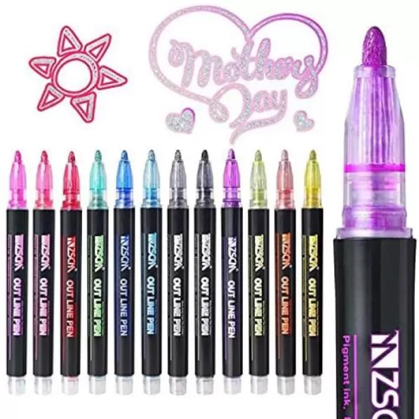 Image of INK SPOT Outline Metallic Marker Pen Set Pack of 12 Double Line Glitter Outline Pens for Art Craft Drawing Calligraphy Scrapbook Greeting DIY Projects Multicolor