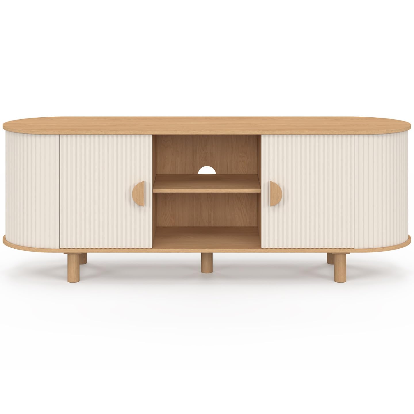 IDMarket - Meuble TV 140 cm KANEL 2 Portes Effet cannelé Beige et Bois