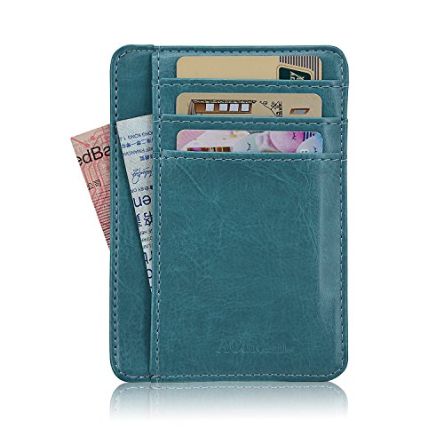 Front Pocket Wallet RFID Blocking, ACdream Slim Minimalist Wallets Leather Credit Card Holder Front Pocket Wallet With ID Card Window, Sky Blue