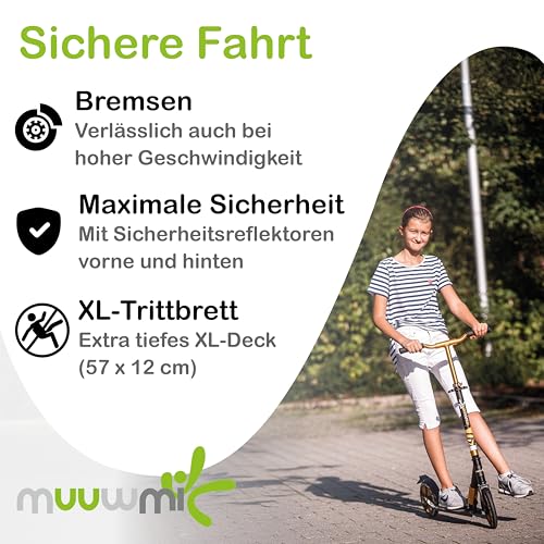 muuwmi Aluminium Scooter Deluxe - Tretroller, 205 mm, ABEC 7, f&uuml;r Kinder und Erwachsene, GS gepr&uuml;ft, h&ouml;henverstellbar, schwarz-Gold
