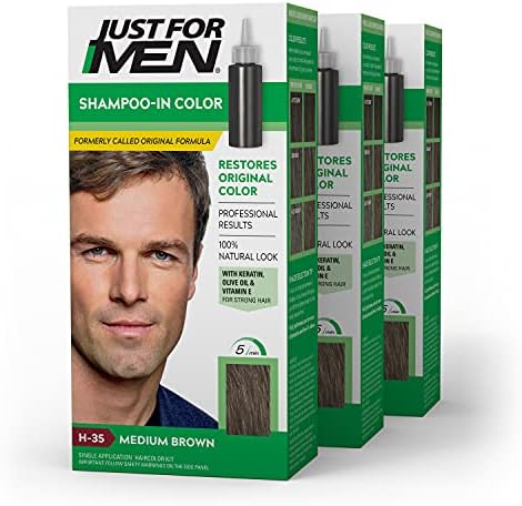 Just For Men Shampoo-In Color (Formerly Original Formula), Mens Hair Color with Keratin and Vitamin E for Stronger Hair - Medium Brown, H-35, Pack of 3