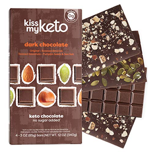 Kiss My Keto Chocolate Bars â Low Carb, 100% Sugar Free, No Corn Fiber, Gluten & Dairy Free | Variety Pack, 4 Bars | 1x Original, 1x Hazelnut, 1x Almond, 1x Pumpkin Seed â 4 Individually Wrapped Bars