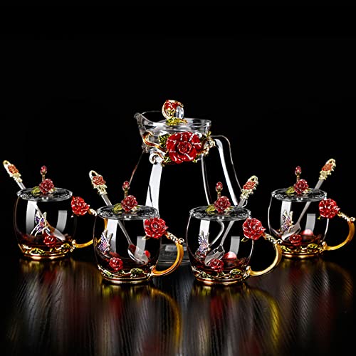 Tea Cup Set for 4, Enamel with Teapot, Tea Set 3D Fancy Tea Cup with Lid, Christmas Housewarming Gift Box, Women's Tea Set, Adult Crystal Glass Tea Set,Red