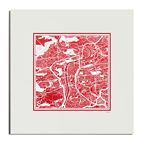 O3 Design Studio Prague Paper Cut Map Matted Red 20x20 inches Paper Art