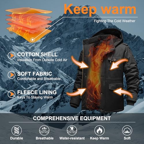 CHEXPEL Men's Winter Jackets with Hood Cotton Military Jackets Fleece Lined Thick Work Coats with Cargo Pockets2
