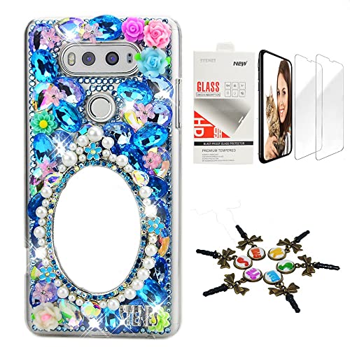 STENES Bling Phone Case Compatible with LG Stylo 6 - Stylish - 3D Handmade [Sparkle Series] Girls Mirror Flowers Design Cover with Screen Protector [2 Pack] - Blue
