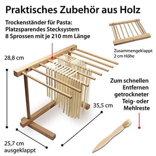 Foto von ADE Hochwertige manuelle Nudelmaschine | 7 Teigstärken für Lasagne Spaghetti Fettucine | mit Extras: Nudeltrockner und Reinigungspinsel | Pastamaker aus Edelstahl Pastamaschine Nudelteigmaschine