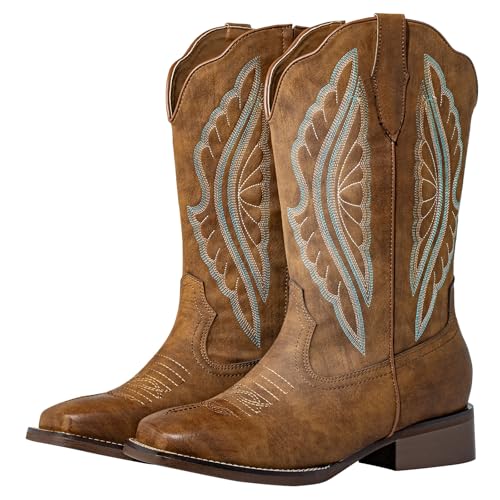 SheSole Extra Wide Calf Boots for Women - Classic Stitch Cowboy Boots with Hidden Stretch Panel & Removable Cushion - Comfortable Wider Shaft Western Boots for Fuller Figures (Brown, X-Wide, 11)