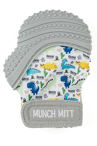 Image of Malarkey Kids Baby Teething Mitten, Munch Mitt Baby Chew Toy - Protects Hands from Chewing & Saliva, Heals Aching Gums, Promotes Sound & Visual Stimulation for Babies - Dino Roar
