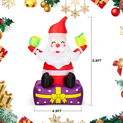 6 Ft Christmas Inflatable Outdoor Decorations - Inflatable Santa Claus with Gift Boxes - Xmas Santa Claus Blow Up Yard Decor - Built-in LED Lights - Includes Tethers and Stakes for Yard, Lawn, Garden