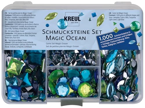 KREUL 49644 - Set de pierres décoratives Magic Ocean, 1000 pierres dans les 4 couleurs, différentes formes et tailles, pour la création d'accessoires de mode et Home Deco